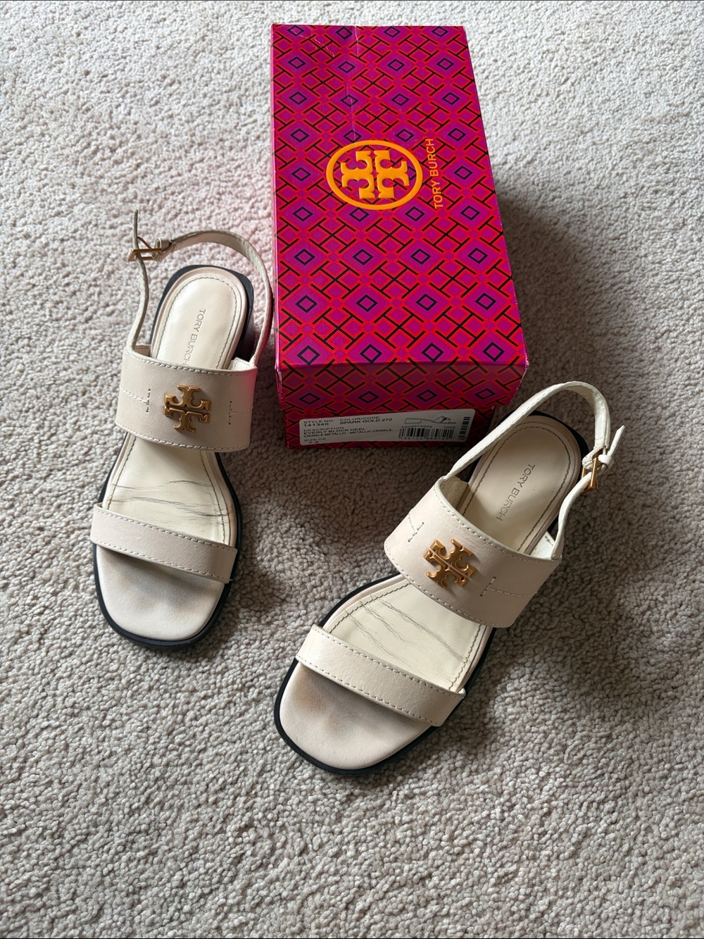 Tory Burch Beige Leather Slingback Sandals with Gold Logo
